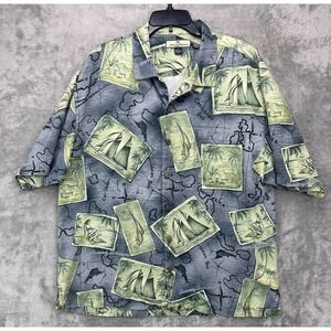 Tommy Bahama Men's Hawaiian Shirt XL Gray/Green Sailboats 100% Silk Camp